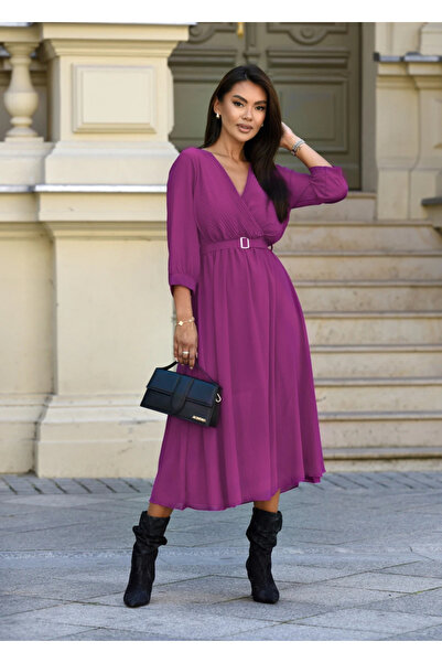 UniqueStore.ro Rochie elegantă mov cu decolteu înfășurat și curea în talie - ...