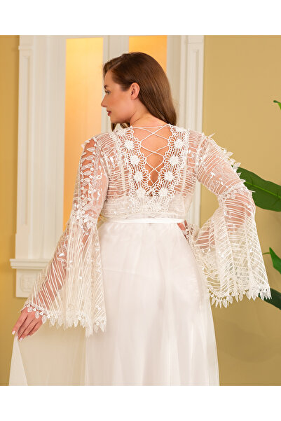 Lama Lingerie 2-Piece Satin Feather Lace Bridal Robe