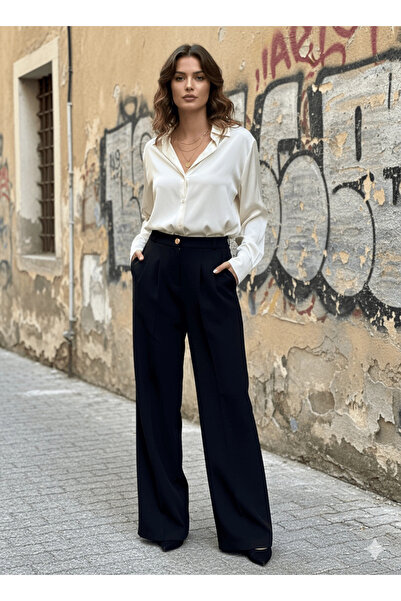 MetuCA Kadın Siyah Yüksek Bel Pensli Palazzo Geniş Paça Kumaş Pantolon