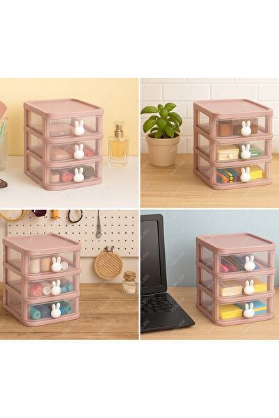 VİALEX Bunny 3 Çekmeceli Makyaj Organizeri - Bölmeli Fırça Kozmetik Makyaj Düzenleyici Organizer
