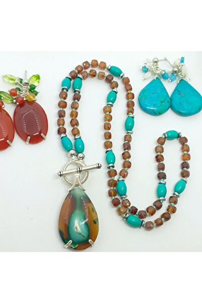 Sibelce 2446 Madagaskar Akik Garnet Turkuaz Hematit düğümlü el yapımı kolye