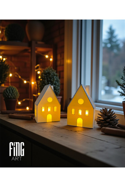 Root Made Minimalist Kış Evleri 2li Set, Tealight Mum Işıklı Dekoratif Evler,...