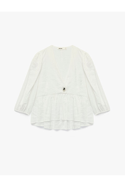 Koton Μπλούζα με διπλό στήθος με λαιμόκοψη σε σχήμα V από ύφασμα Modal με μανίκια 3/4 και κοψίματα πέτρας