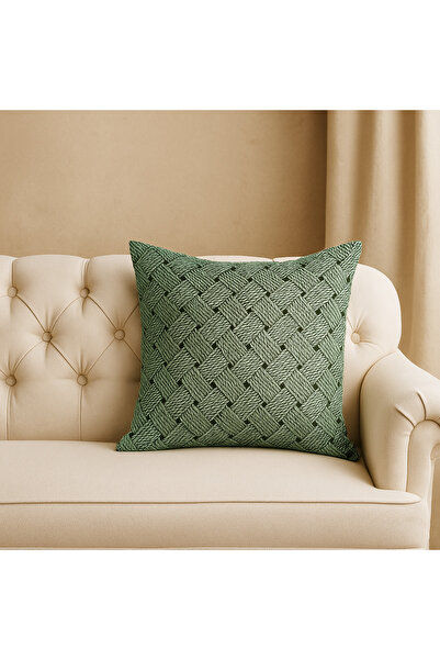 Elyona Bohem Tarzı Yeşil Duck Kumaş Dekoratif Kırlent Kılıfı – Örgü Desenli