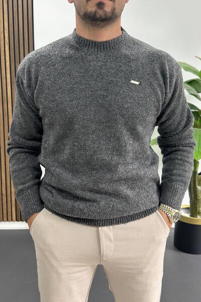 Edwox Men's Crew Neck Boucle Fabric Sweater Anthracite Edw419