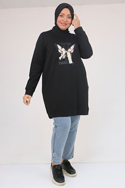 Eslina 58145 Plus Size Butterfly Printed Modal Tunic - Black