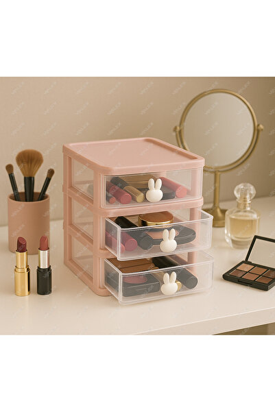 VİALEX Bunny 3 Çekmeceli Makyaj Organizeri - Bölmeli Fırça Kozmetik Makyaj Düzenleyici Organizer