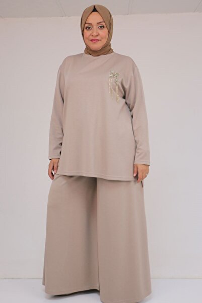 Eslina 57043 Plus Size Modal Pants Suit with Side Slits - Mink