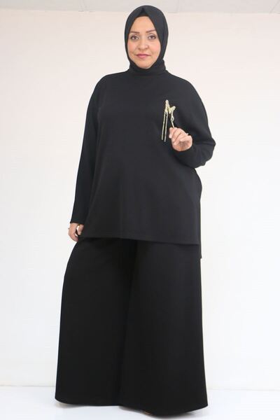 Eslina 57043 بدلة نسائية كبيرة الحجم مع بنطلون مودال ذو فتحات جانبية - أسود