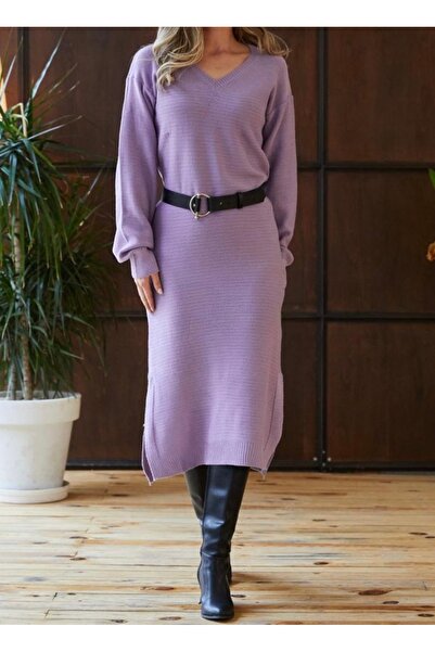 PELMA MODA Lila renk yırtmaç detaylı triko elbise