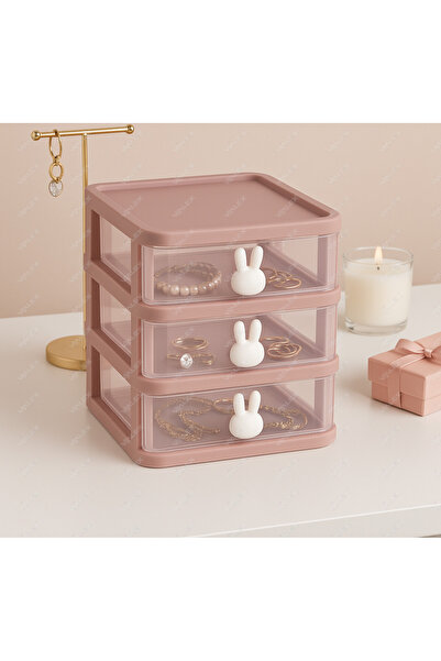 VİALEX Bunny 3 Çekmeceli Makyaj Organizeri - Bölmeli Fırça Kozmetik Makyaj Düzenleyici Organizer