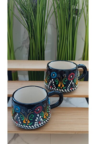 AuraStile طقم فناجين قهوة من السيراميك الملون مكون من قطعتين، كوب بورسلين مزخ...