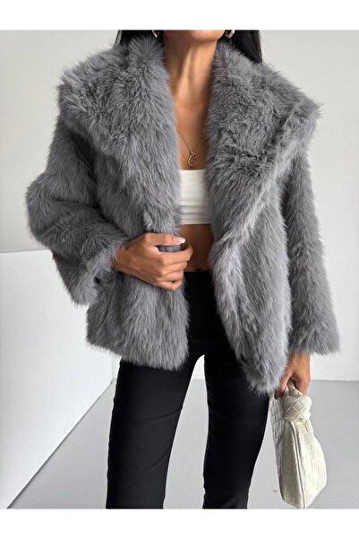 maf collection Women's Grey Lined Shawl Collar Snap Button Fur Coat