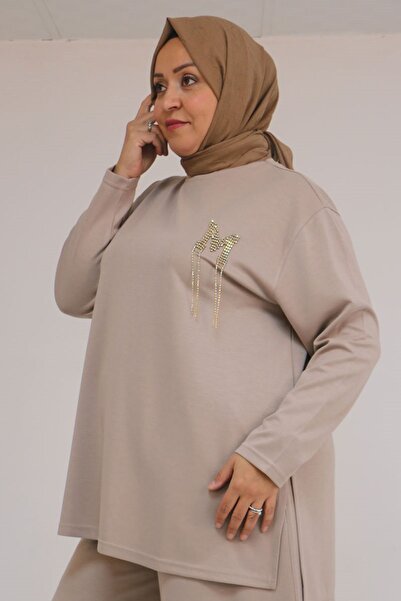 Eslina 57043 Plus Size Modal Pants Suit with Side Slits - Mink