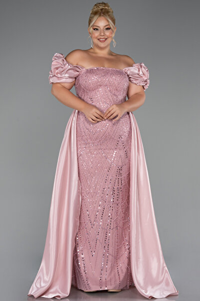 Abiyefon Pudra Kayık Yaka Uzun Boncuklu Büyük Beden Abiye ABU5155