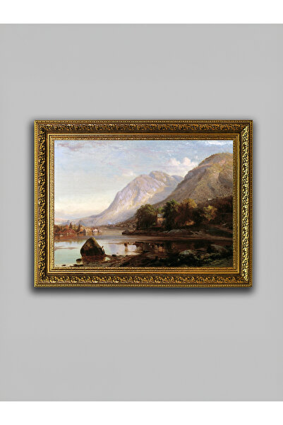 WoodyArts Πίνακας με θέα στο βουνό και το λίμνη – Χρυσός αντίκας κορνίζα