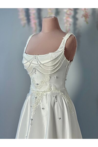 MEDUSA Callista Midi Boy Beyaz Dantel Detaylı İncili Nikah After Party Abiye ...