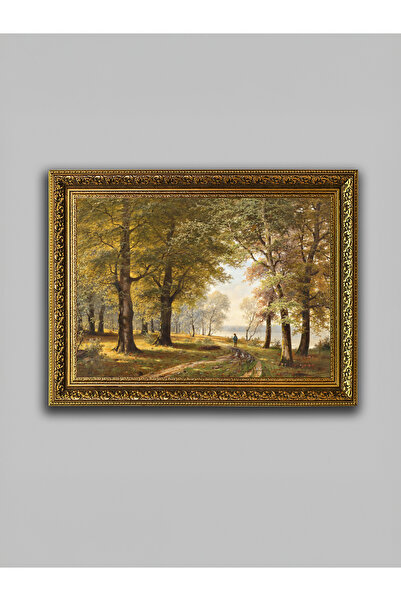 WoodyArts Pictură peisaj de drum în pădure – Cadru antic auriu