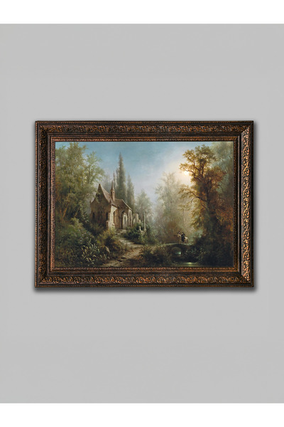 WoodyArts Orman Şapeli ve Taş Köprü Manzarası Tablo – Bronz Eskitme Çerçeve