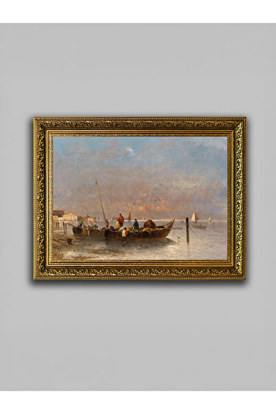 WoodyArts Balıkçılar ve Kayıklar Manzarası Tablo – Altın Eskitme Çerçeve