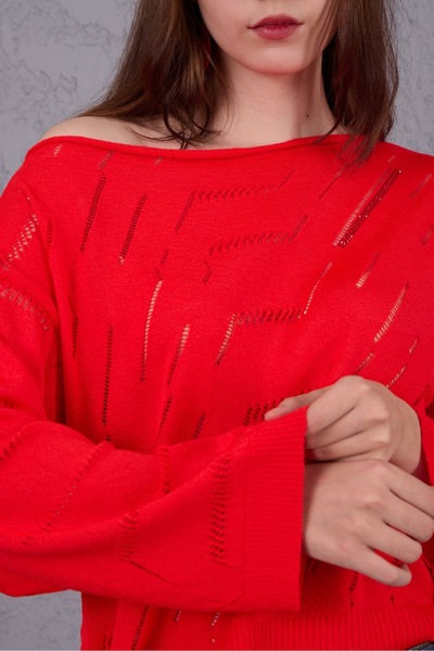 Su Moda Women's Knitwear Sweater Clothing Rhinestone Boat Neck Design Stylish New Year