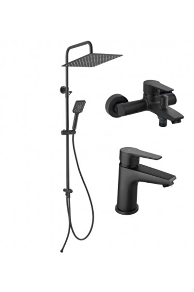 FERRO Set 3 în 1 Coloană de duș Wizard Square Neagră cu baterie pentru cadă de perete și baterie pentru lavoar Ritto Neagră