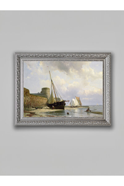 WoodyArts Pictură cu peisaj de navigație și port – cadru gri antic