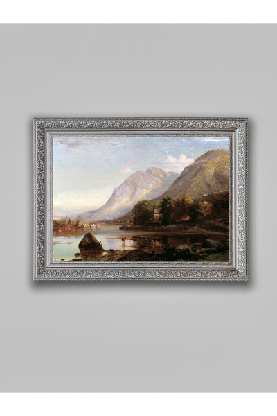 WoodyArts Tablou cu peisaj de munte și lac – cadru gri antic