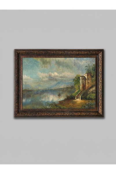 WoodyArts Tablou cu peisajul râului – cadru antic din bronz