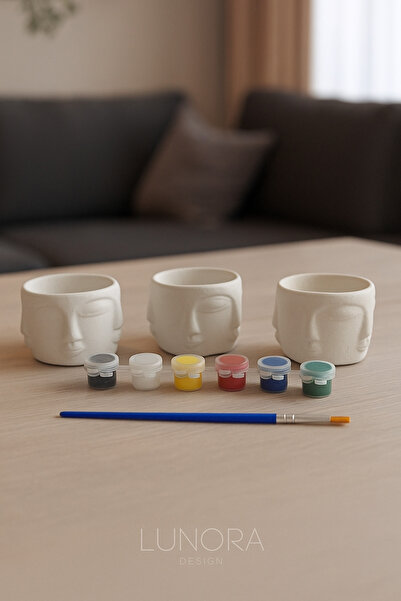 Lunora Design Taş Tozu Adler Saksı Boyama Seti – 3’lü Dekoratif Figür ve 6 Renk Boya + Fırça