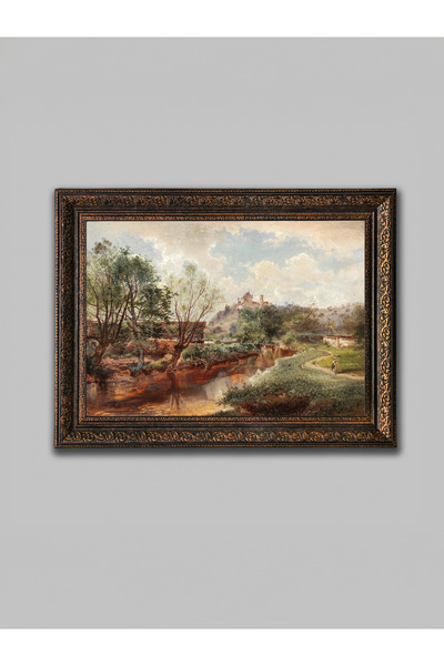 WoodyArts Pictură cu peisaj de râu și sat – Cadru antic din bronz