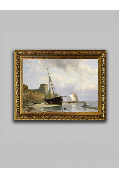 WoodyArts Yelkenli ve Liman Manzarası Tablo – Altın Eskitme Çerçeve