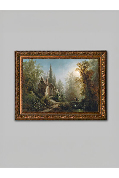 WoodyArts Картина „Гледка към горска капела и каменен мост“ – кафява рамка с ...