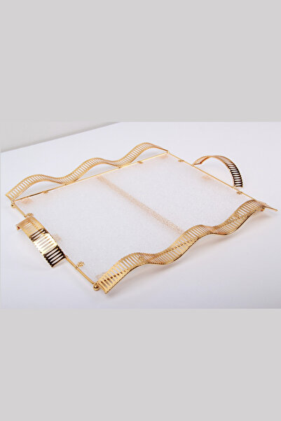 Generic صينية تقديم مستطيلة بتصميم نقشة فاخر أبيض ذهبي