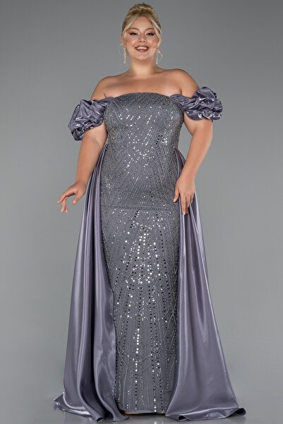 Abiyefon Gri Kayık Yaka Uzun Boncuklu Büyük Beden Abiye ABU5155