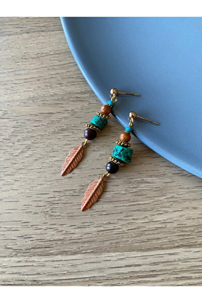 dela otantik أقراط طويلة متدلية بتفاصيل حجر الفيروز وأوراق الشجر - مجوهرات بو...