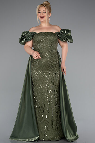 Abiyefon Haki Kayık Yaka Kuyruklu Uzun Boncuklu Büyük Beden Abiye ABU5155