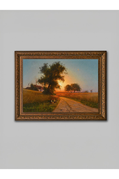 WoodyArts Tablou cu peisaj rural la apus de soare – cadru antic maro