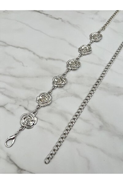 Mynoa Curea de damă cu model argintiu/trandafir, curea cu lanț, curea pentru talie, curea pentru pantaloni, curea pentru jachetă,