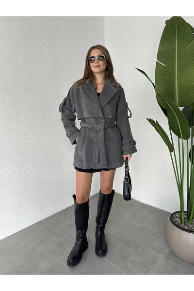 asfamoda Palton de damă, antracit, cu două piepte, oversize, căptușit, cu buz...