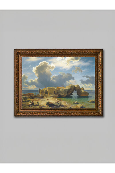 WoodyArts Tablou cu peisajul orașului de coastă – cadru antic maro