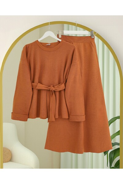 Modamorfo Knitted Suit with Folded Sleeves, Belted Waist and Slit - Tile