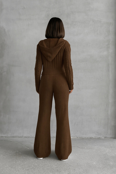 Lusin Women's Brown Hooded Zippered Crop Cardigan Pants Bottom Top Knitwear Set