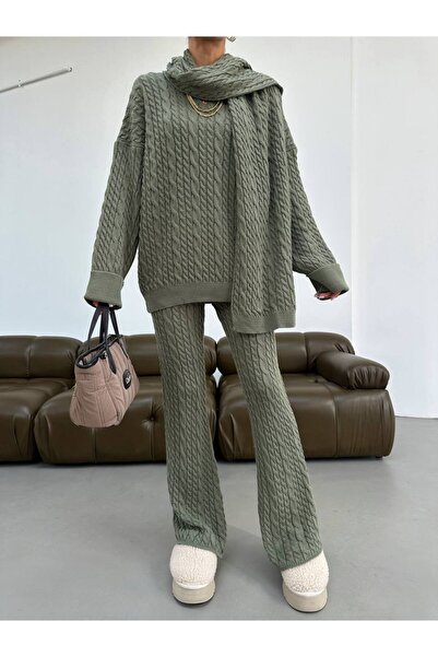 BOUQUET OF TULİP Saç Örgü Model Atkılı Kazak Pantolon Takım