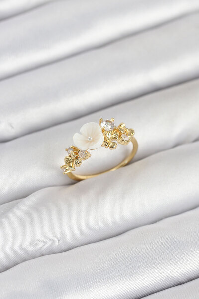 Clariss Brass Gold Color Flower Model Zircon Stone Women's Ring