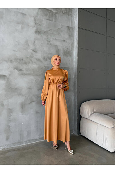 hacer ayaydın Μπαλόνι μανίκι Σατέν Hijab Oversize Piping ζωσμένο φόρεμα Hijab