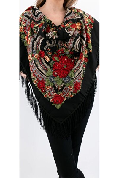 OMS Eșarfă neagră și gri cu franjuri 107×107 cm