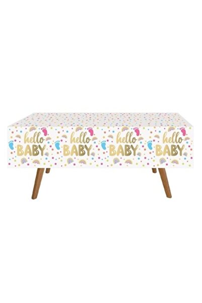 SHOPIENS Fata De Masa Plastic Petrecere Baby Shower Hello Baby Alb Auriu 180x...