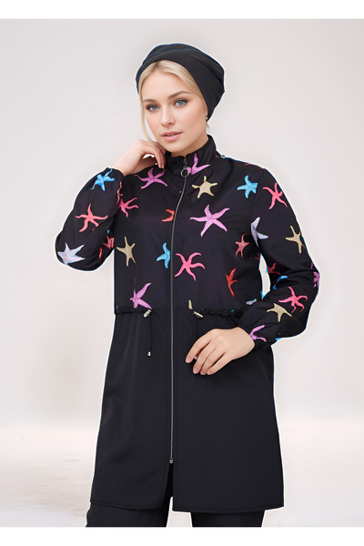 MSN Zippered Digital Printed Tie-Waist Hijab Swimsuit with Bonnet Gift