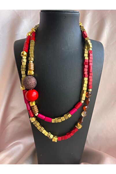 COCOSH TAKI Kırmızı renk gold renk detaylı çoklu uzun tasarım kolye